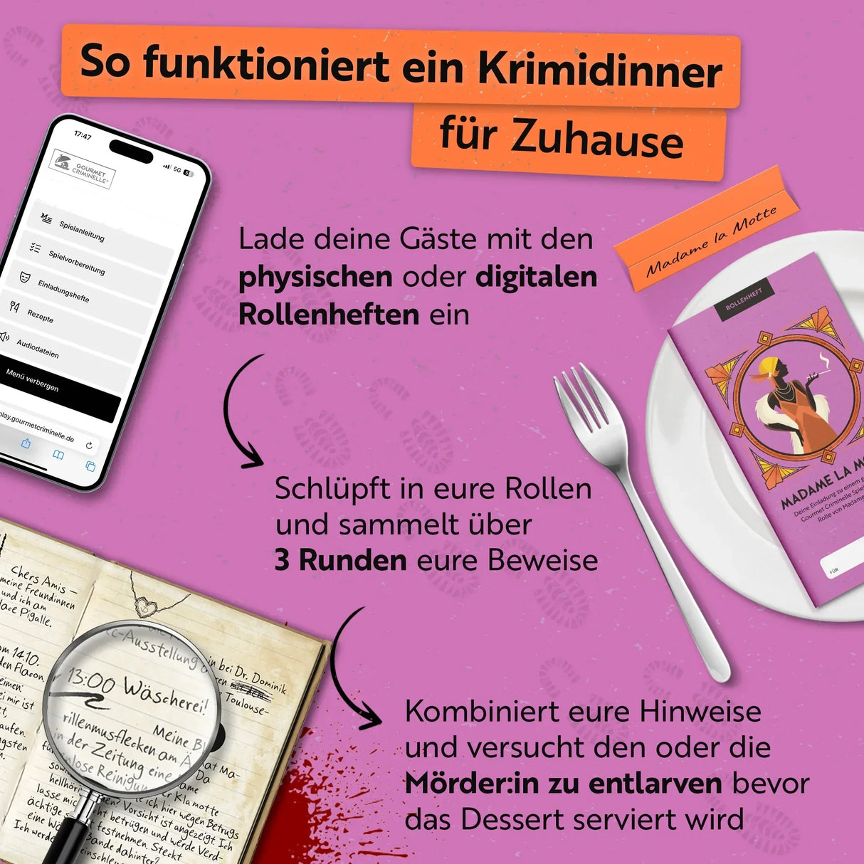 Anleitung für ein Krimidinner zu Hause mit Smartphone, Rollenheft, Gabel und Notizbuch