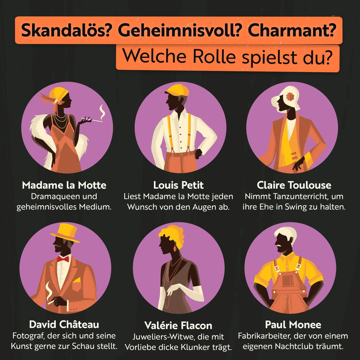 Sechs Charaktere im Stil der 1920er Jahre mit Beschreibungen ihrer Rollen