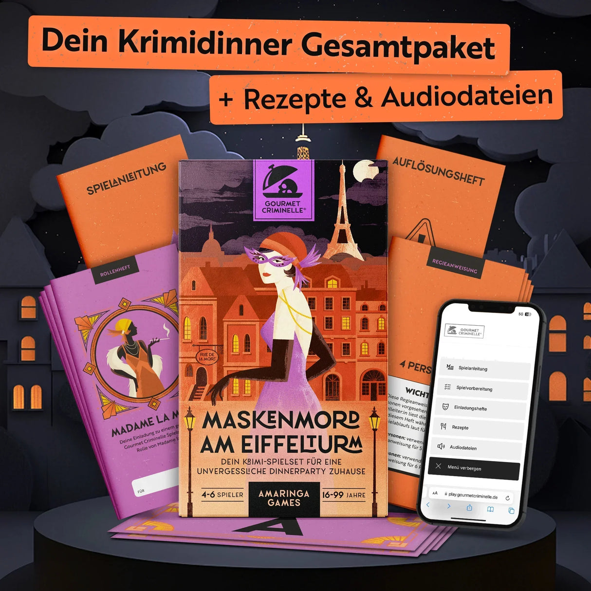 Krimidinner Gesamtpaket mit Rezepten und Audiodateien. Maskenmord am Eiffelturm Spielset für 4-6 Spieler