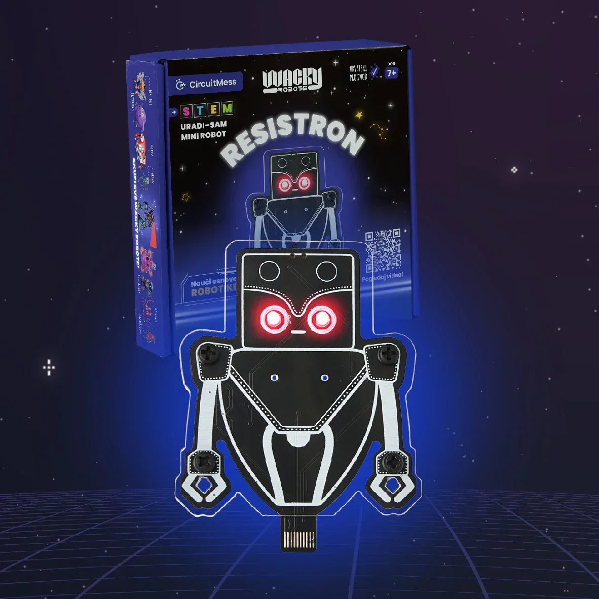 CircuitMess Resistron Roboter Bausatz mit Verpackung vor blauem Hintergrund