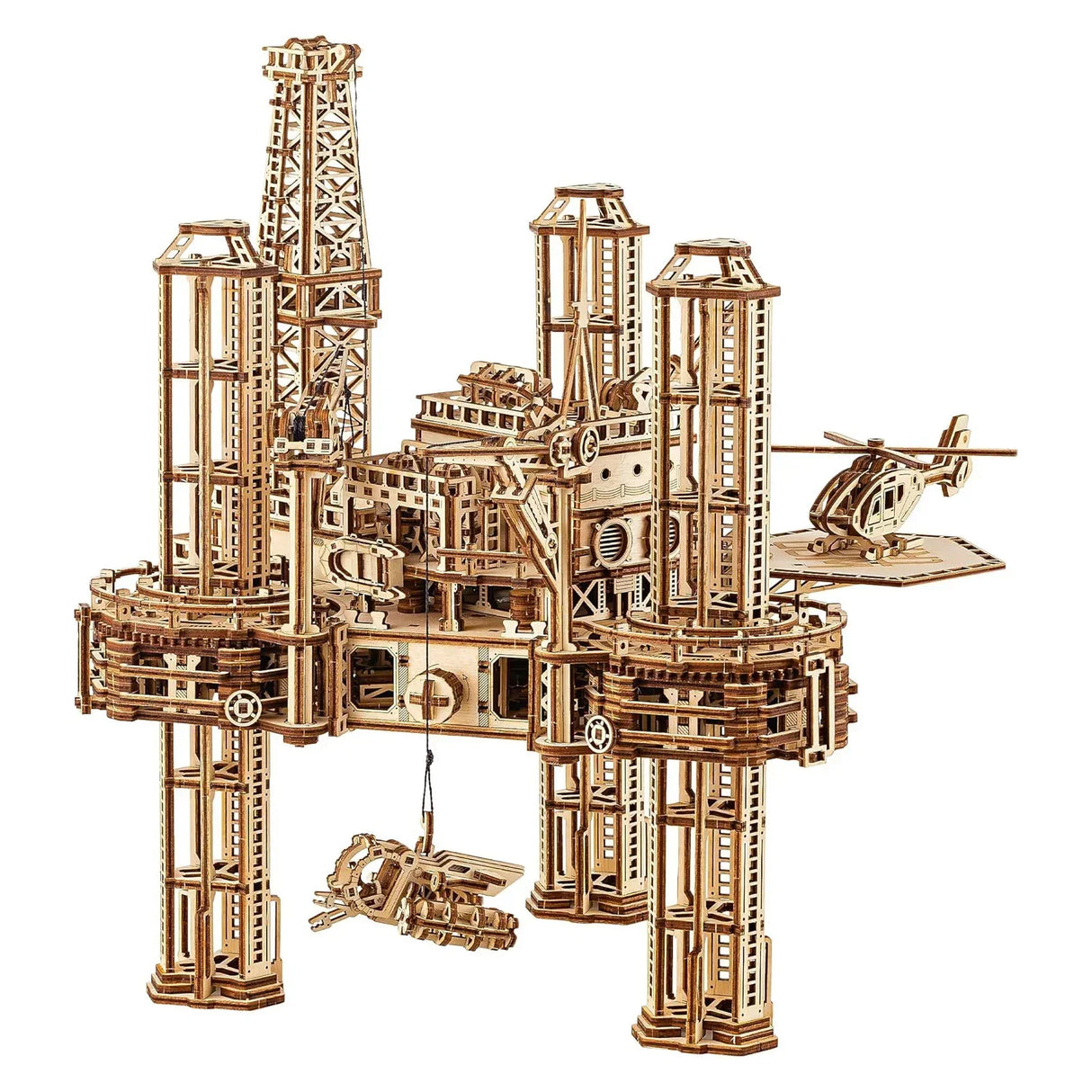 Mechanisches Holzmodell einer Bohrinsel mit Hubschrauberlandeplatz und Hubschrauber