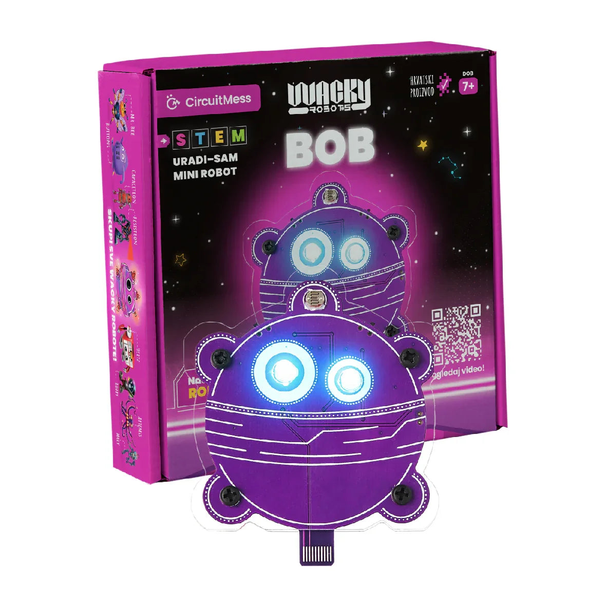 Lila CircuitMess Wacky Robots Bob STEM Bausatz mit leuchtenden Augen vor der Verpackung
