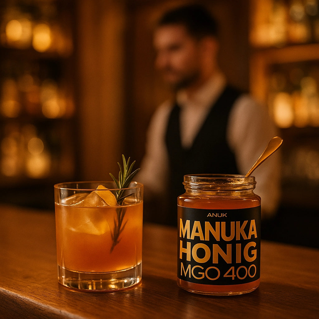 Manuka Honig MGO 400 Glas mit Löffel neben einem Cocktail mit Rosmarin und Barkeeper im Hintergrund