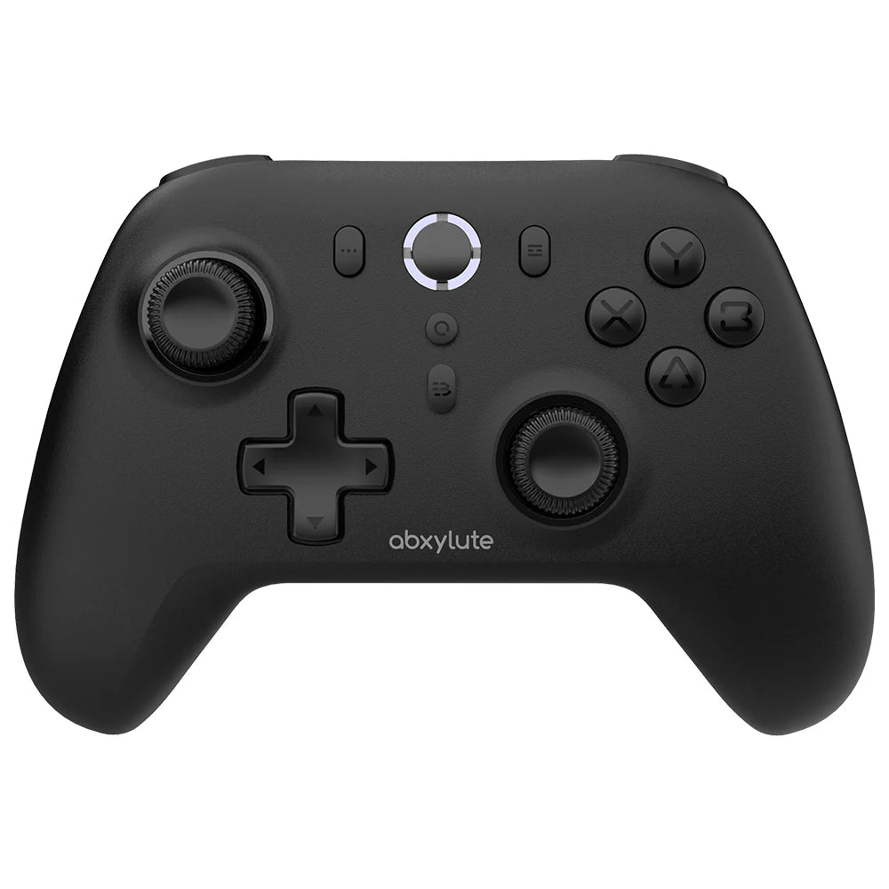 Frontansicht des abxylute C6 Wireless Gaming-Controllers in mattem Schwarz mit eingeschaltetem, weiß leuchtendem LED-Ring um die Home-Taste sowie asymmetrischen Daumensticks.