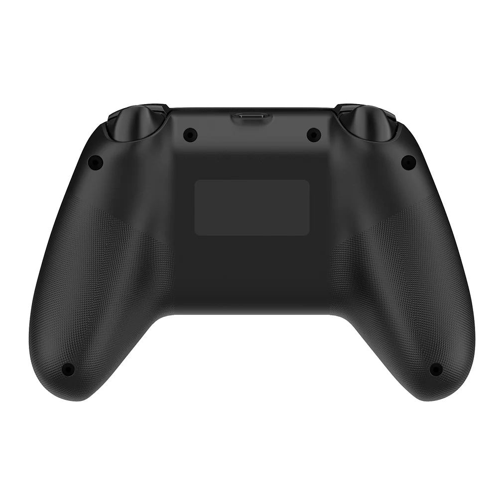 Rückansicht des abxylute C6 Wireless Controllers, zeigt die ergonomisch strukturierten und rutschfesten Griffflächen sowie den USB-C-Ladeanschluss.