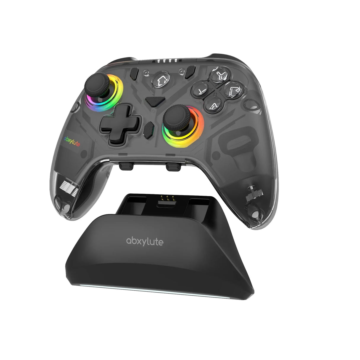 abxylute C8 Wireless Gaming-Controller in transparentem Schwarz, schwebend über der passenden schwarzen Ladestation, mit aktivierter Regenbogen-RGB-Beleuchtung um die Joysticks.