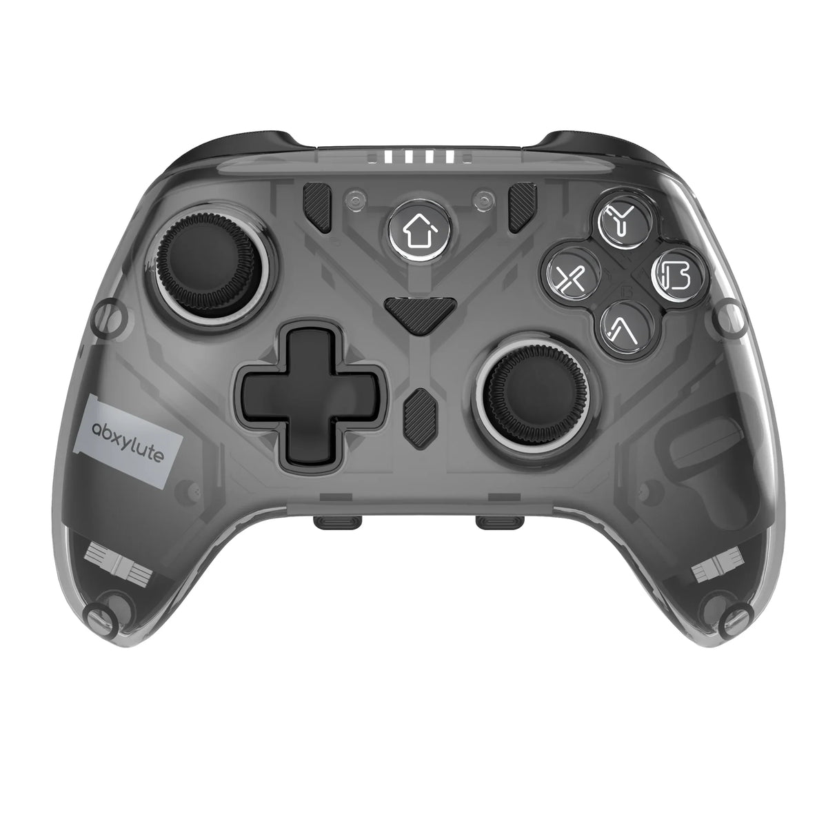 Frontansicht des abxylute C8 Wireless Controllers mit transparentem Gehäuse bei ausgeschalteter Beleuchtung, zeigt die Tastenanordnung, das Steuerkreuz und die innere Elektronik.