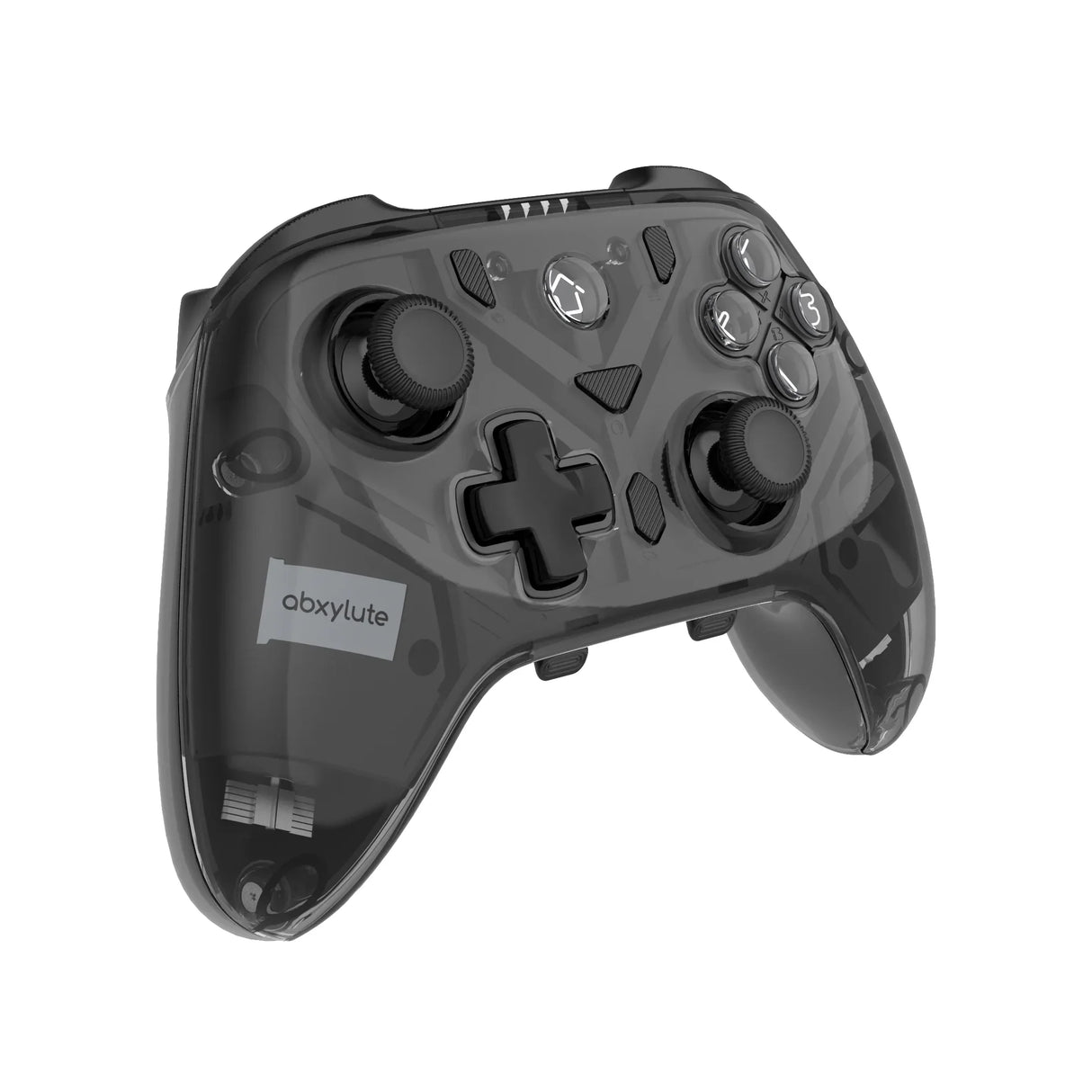 Perspektivische Ansicht von schräg vorne auf den abxylute C8 Gaming-Controller, die das ergonomische Design und die transparente rauchschwarze Oberschale hervorhebt.