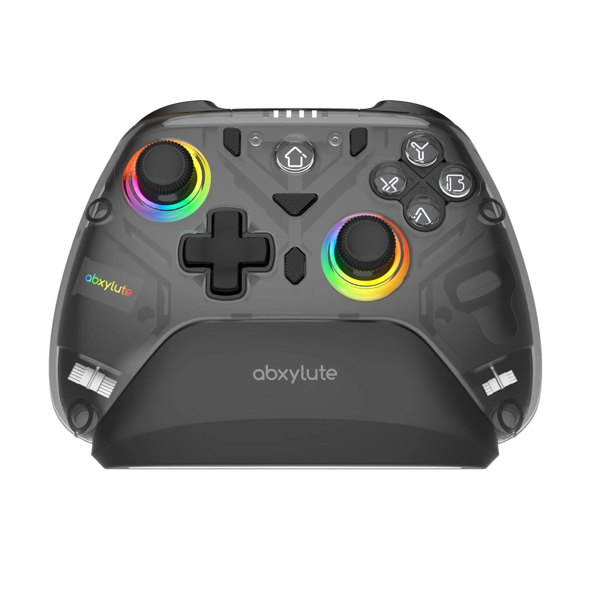 Frontansicht des abxylute C8 Controllers, der passgenau in der schwarzen abxylute-Ladestation sitzt, mit leuchtenden RGB-Ringen um die Daumensticks.