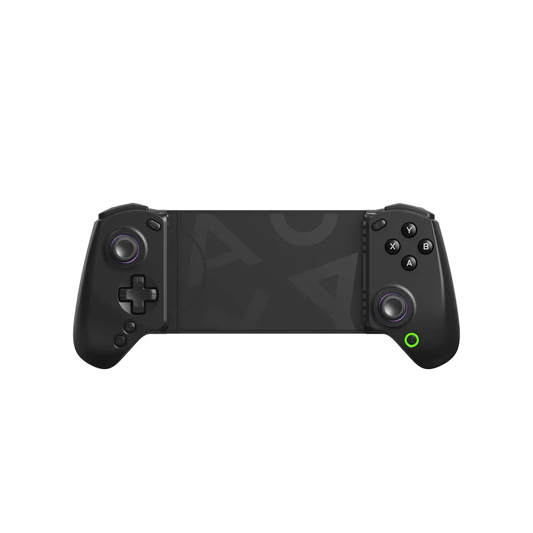 Frontansicht des abxylute S8 mobilen Gaming-Controllers in Schwarz im geschlossenen Zustand ohne Smartphone, mit Steuerkreuz, ABXY-Tasten und grün leuchtender Home-Taste.