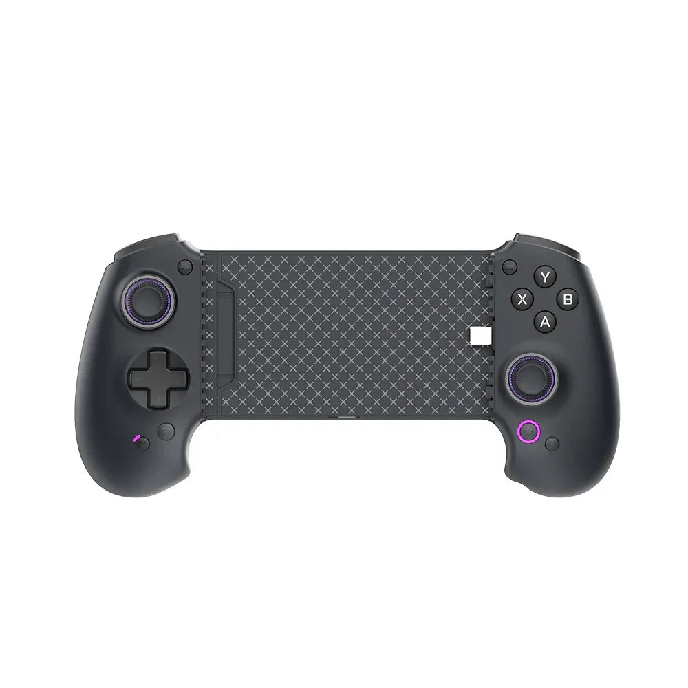 Frontansicht des abxylute S9 mobilen Gaming-Controllers in Schwarz ohne eingelegtes Smartphone, zeigt die strukturierte, ausziehbare Brücke und die Joysticks mit lila Akzentbeleuchtung.