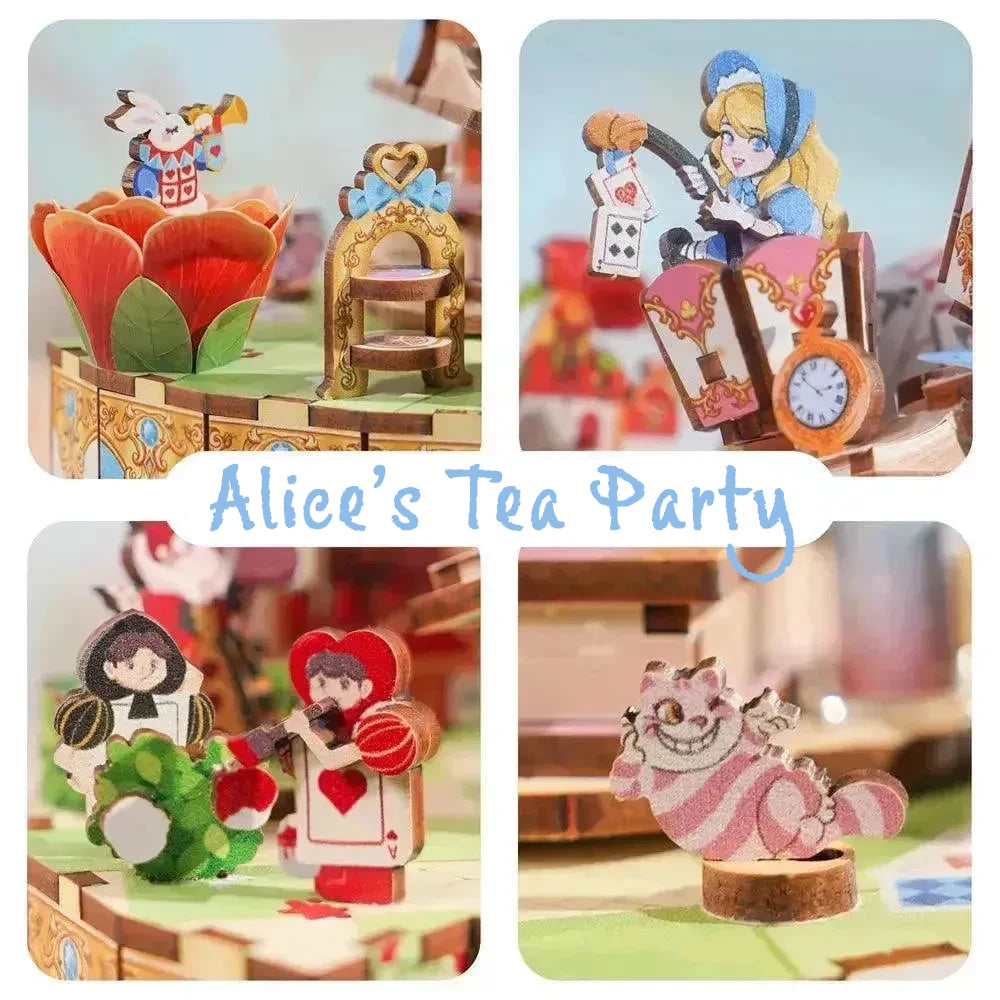 Vier Bilder zeigen Charaktere aus Alice im Wunderland, darunter das weiße Kaninchen, Alice, Spielkartenfiguren und die Grinsekatze