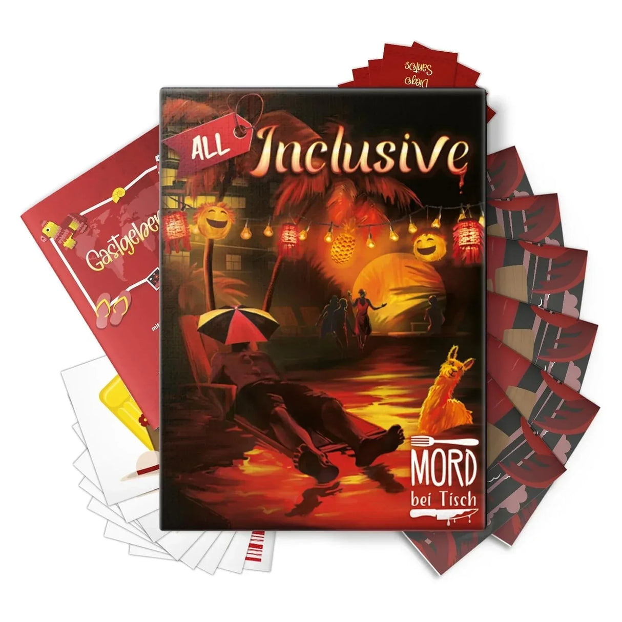 All Inclusive Mord bei Tisch Spielbox mit Karten und Anleitungen