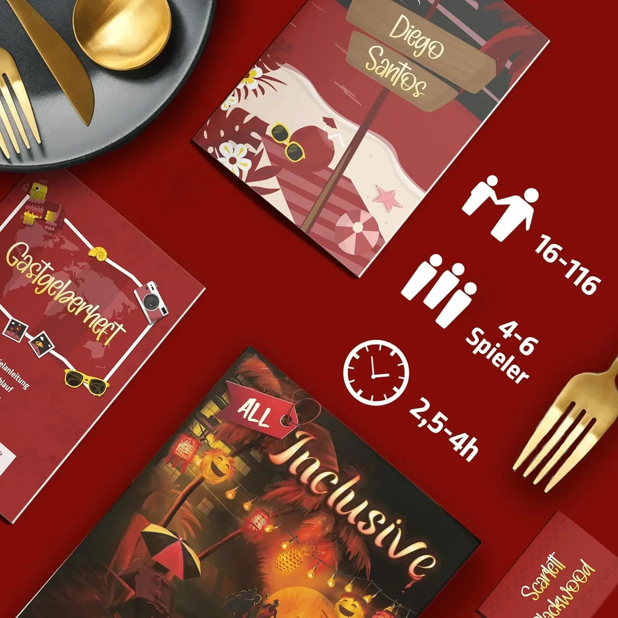 Drei Brettspiele auf rotem Hintergrund mit goldenem Besteck und Spielinformationen