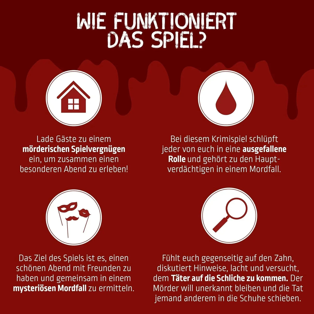 Wie funktioniert das Spiel? Haus, Blutstropfen, Masken, Lupe