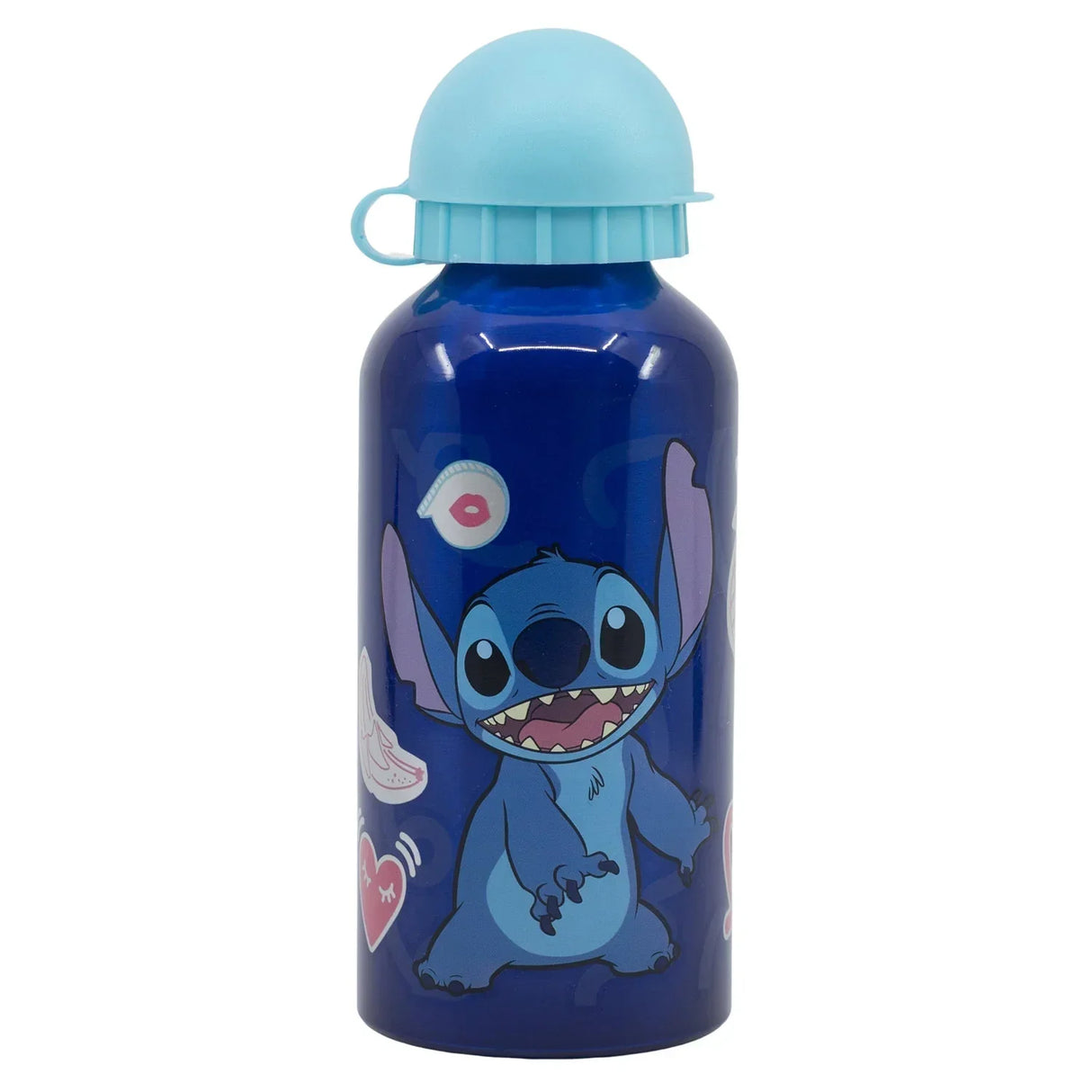 Blaue Trinkflasche aus Aluminium mit Stitch Motiv und hellblauem Verschluss
