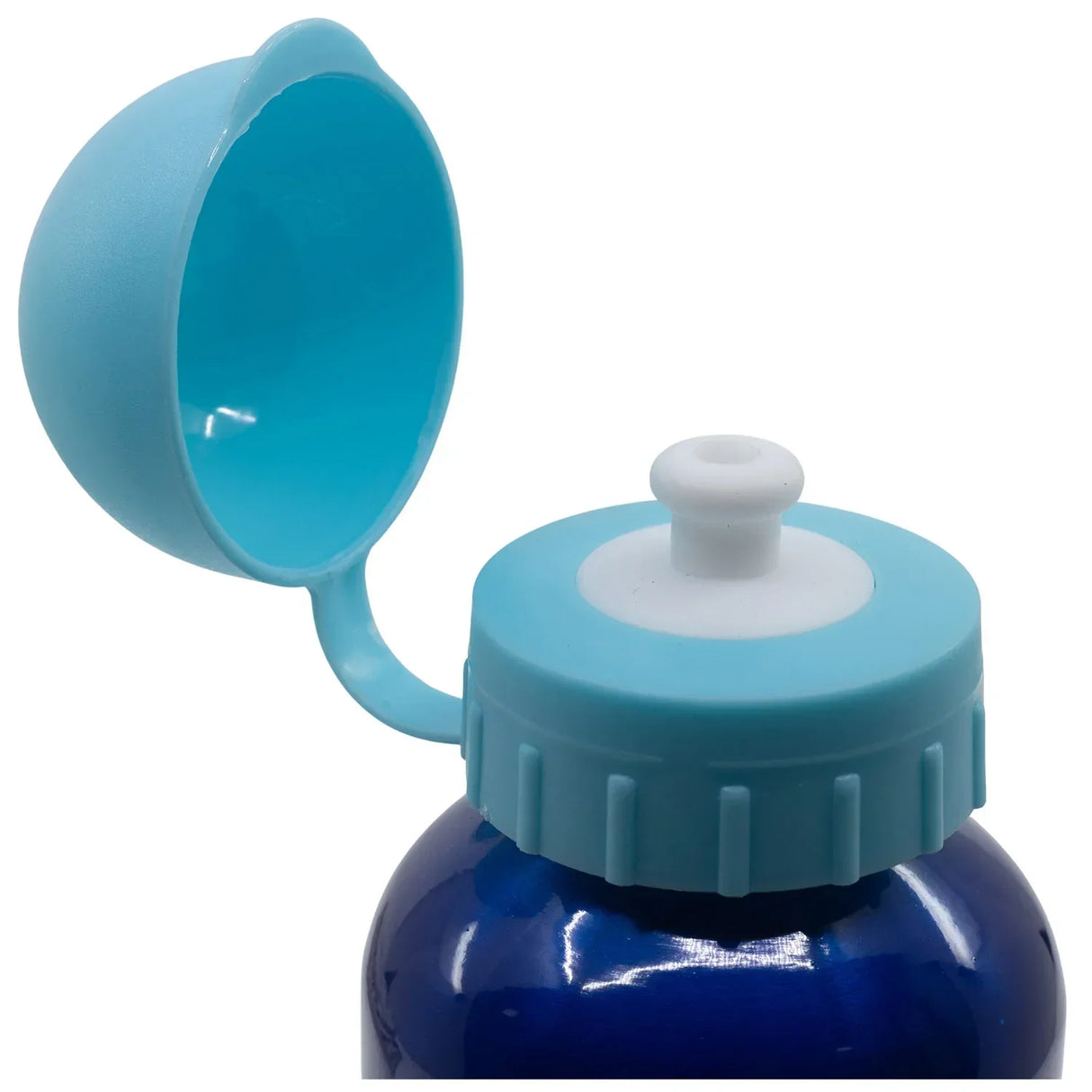 Blaue Trinkflasche mit offenem hellblauem Deckel und weißem Trinkverschluss