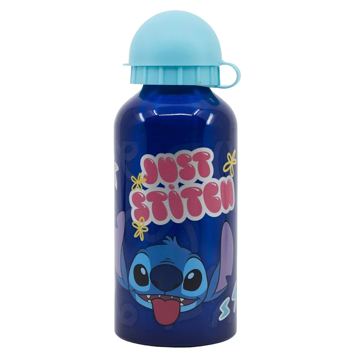 Blaue Trinkflasche aus Metall mit Stitch Motiv und hellblauem Deckel