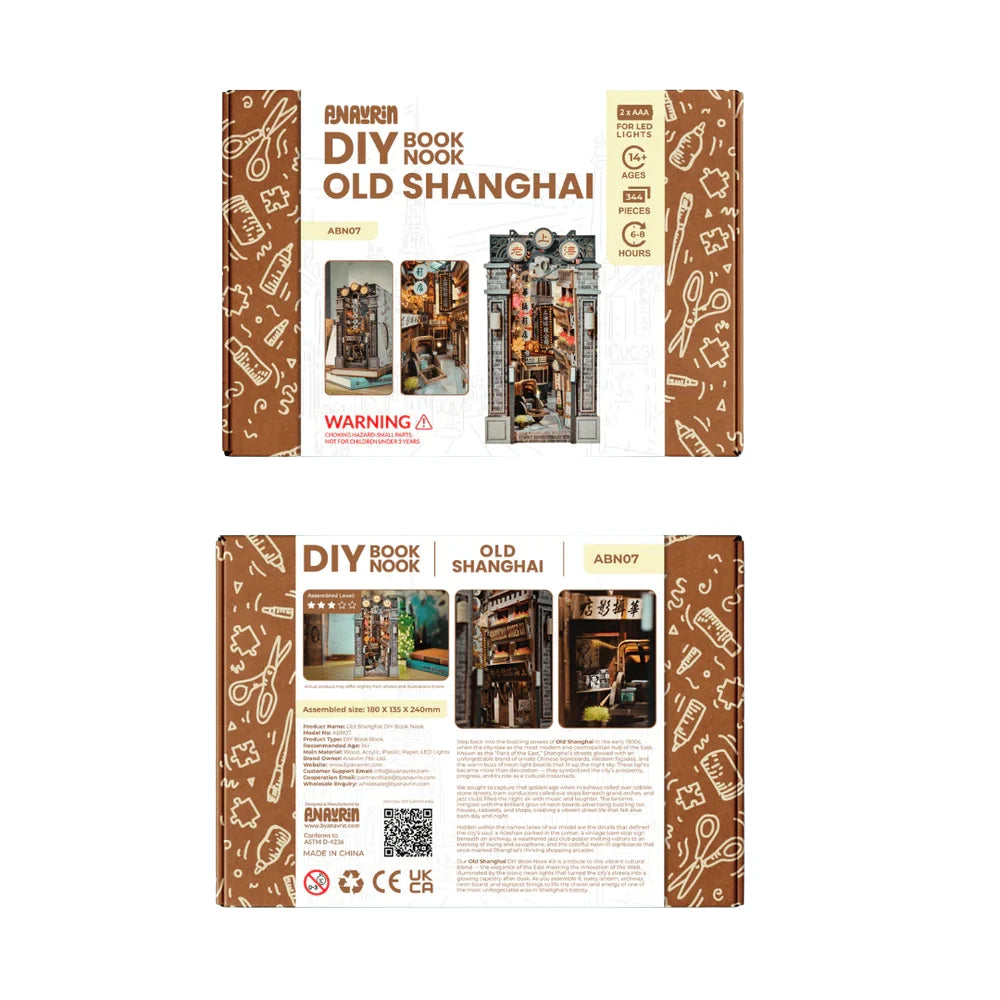 Verpackung des DIY Book Nook Old Shanghai Bausatzes mit Produktbildern und Details