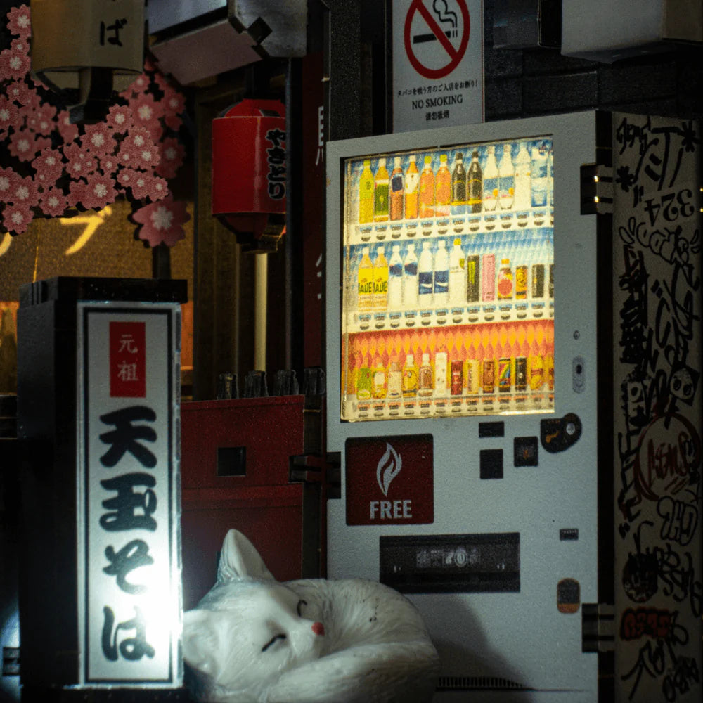Schlafende Katze vor einem beleuchteten Verkaufsautomaten und einem Schild mit japanischen Schriftzeichen