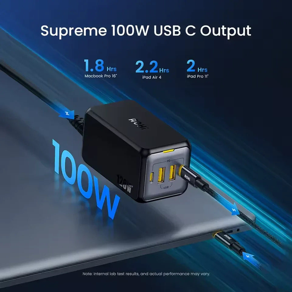 Ein schwarzes 100W USB-C Ladegerät mit drei USB-Anschlüssen, das ein MacBook Pro und ein iPad auflädt
