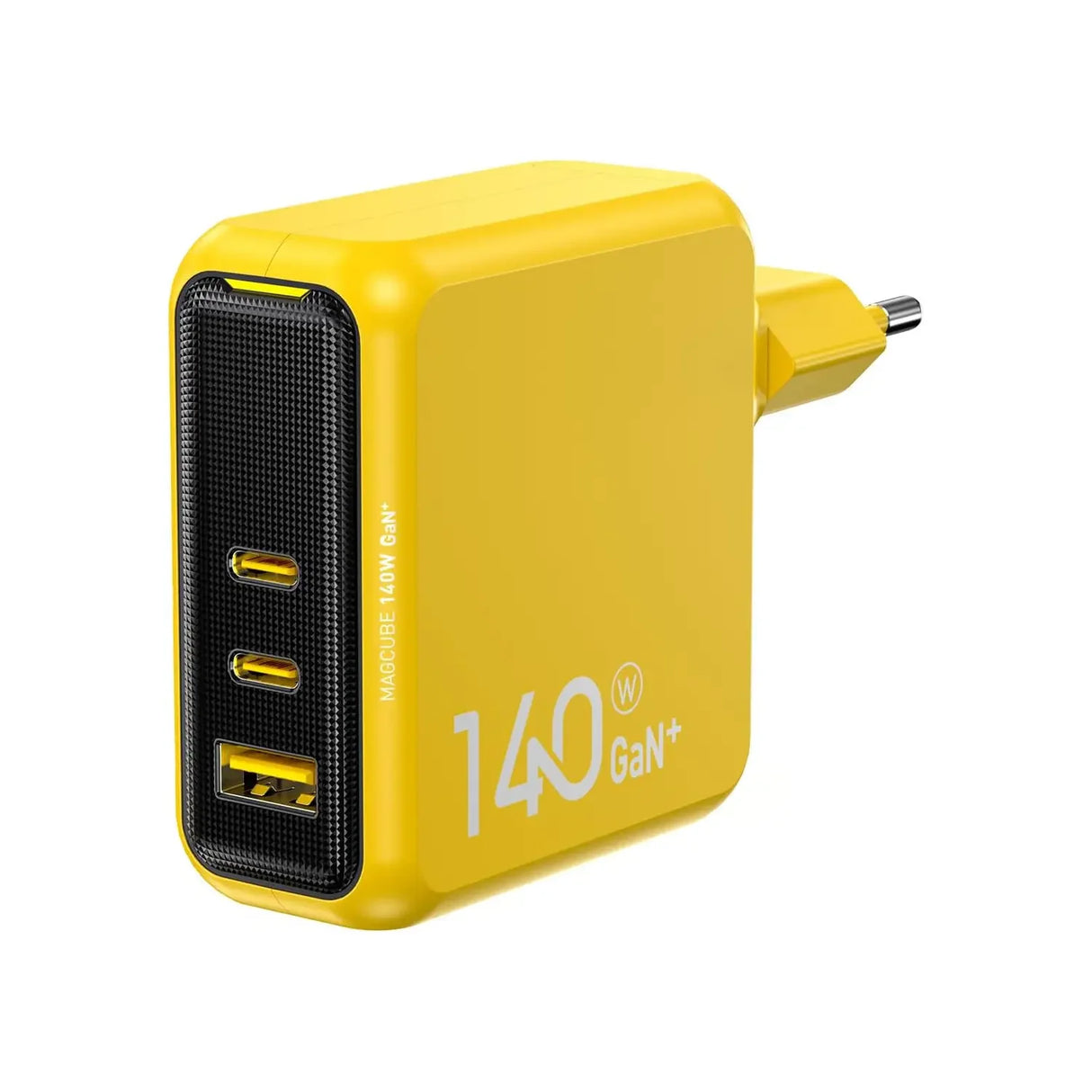 Gelbes Magcube 140W GaN+ Ladegerät mit zwei USB-C-Anschlüssen und einem USB-A-Anschluss