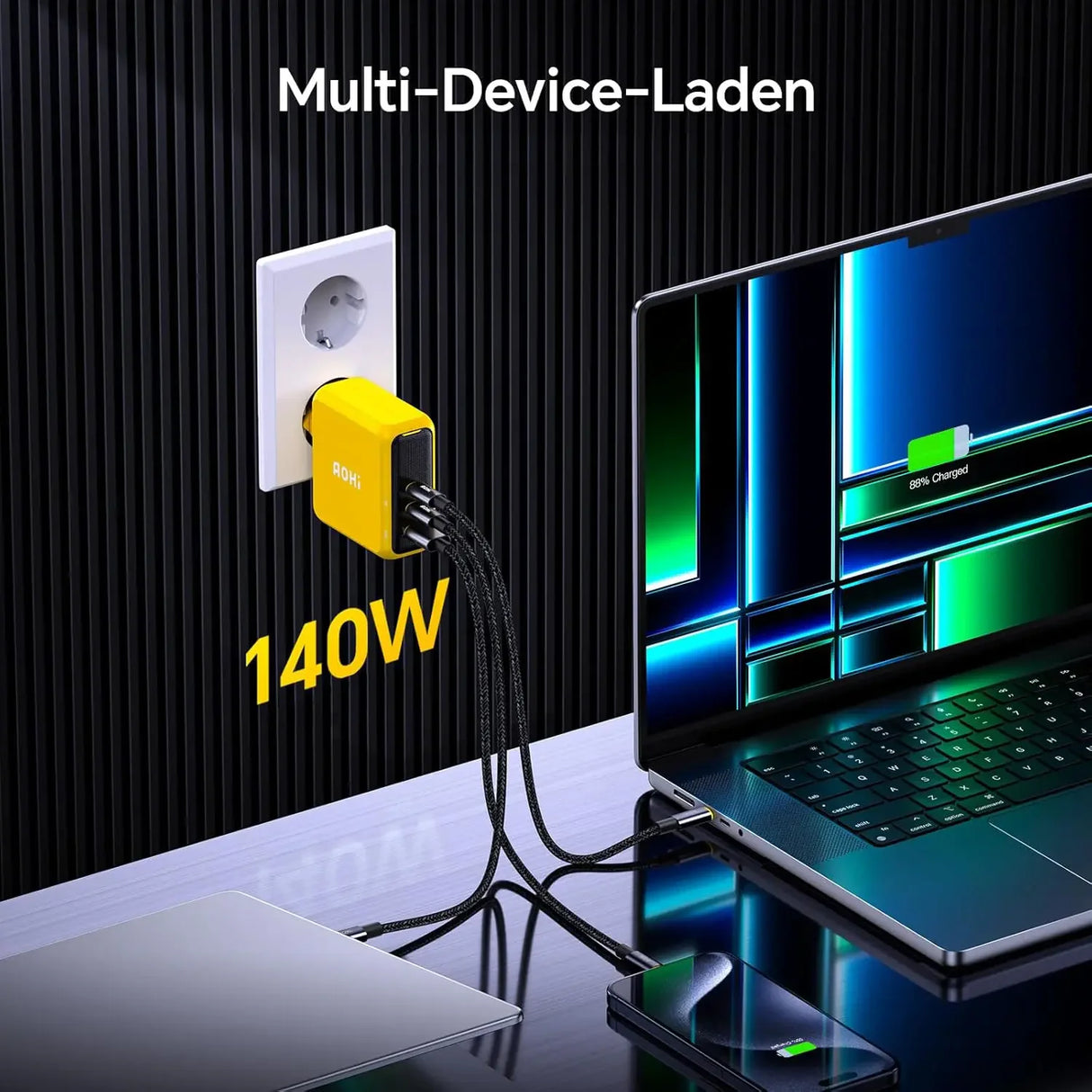 Gelbes 140W Multi-Ladegerät lädt Laptop, Tablet und Smartphone gleichzeitig