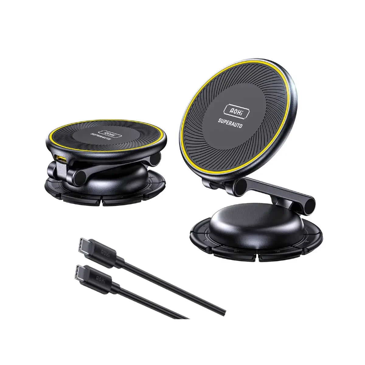 Zwei schwarze, runde kabellose Ladegeräte mit gelbem Rand und zwei schwarze USB-C-Kabel