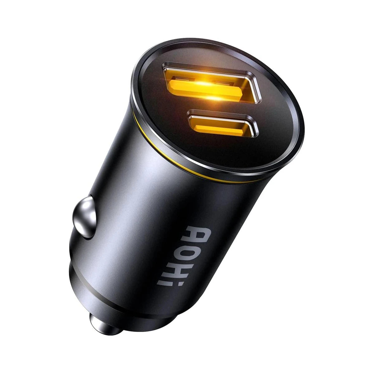 AOHI USB-C Autoladegerät mit zwei Anschlüssen und leuchtenden orangefarbenen USB-Anschlüssen