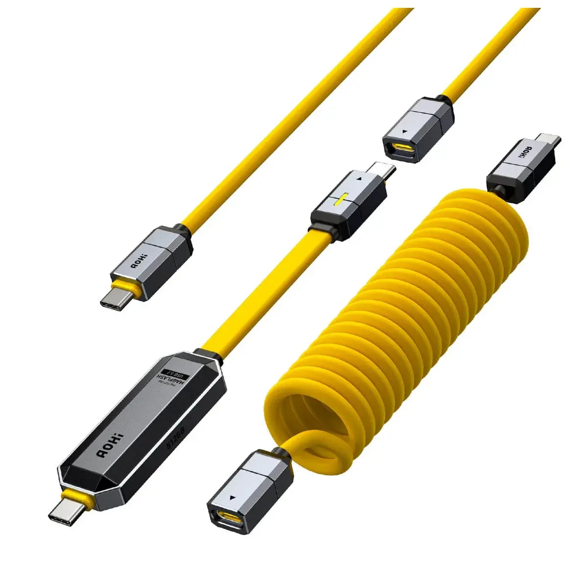 Drei gelbe USB-C-Kabel mit grauen Anschlüssen, eines davon spiralförmig