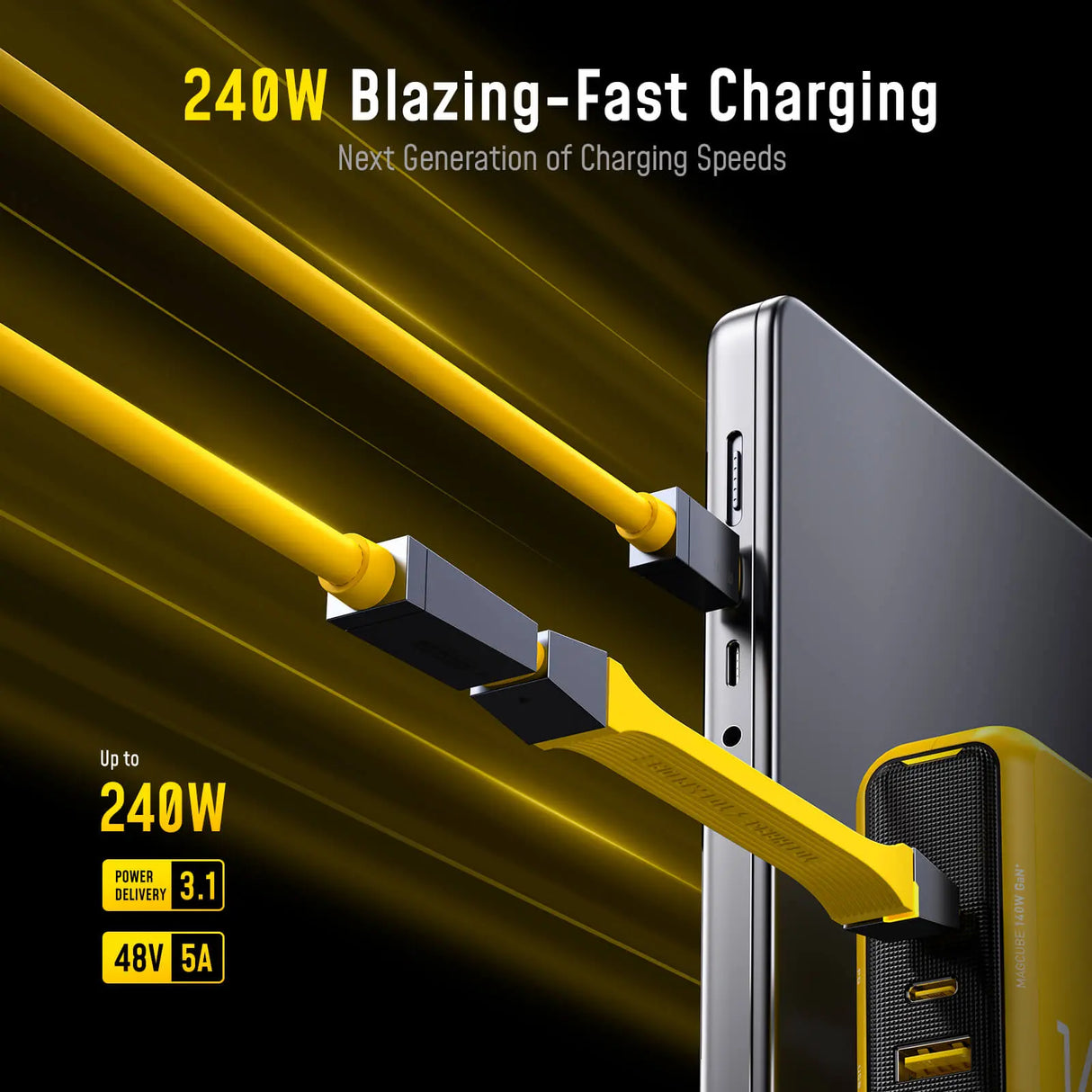 Gelbe Ladekabel verbinden ein Smartphone mit einer Powerbank