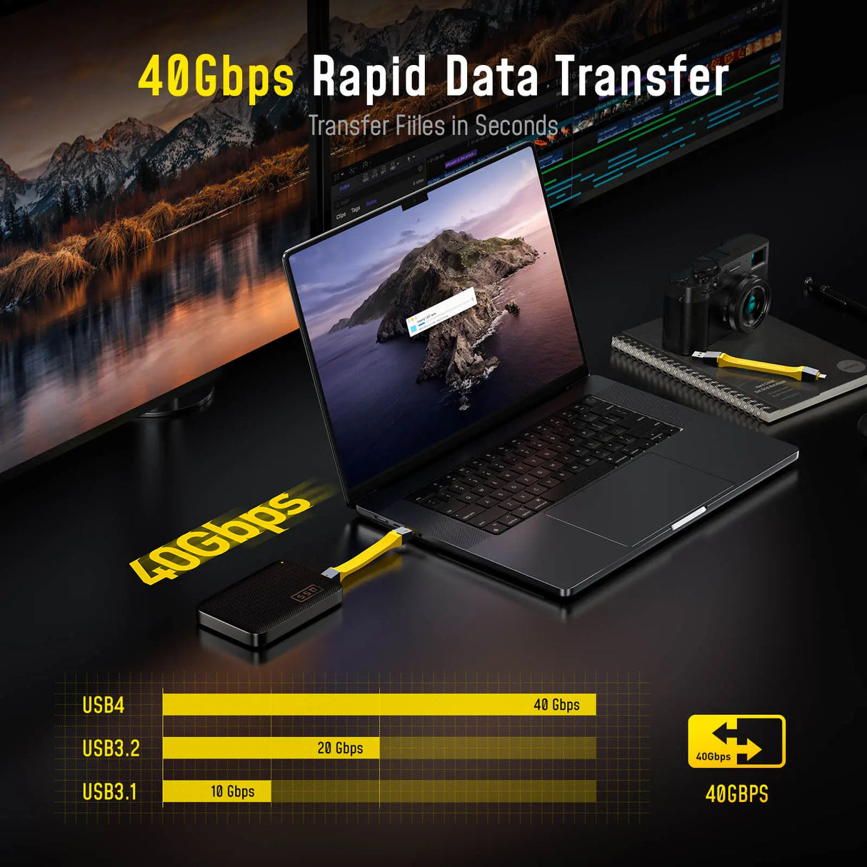 Laptop mit externer SSD und gelbem Kabel, das 40 Gbit/s Datenübertragung anzeigt