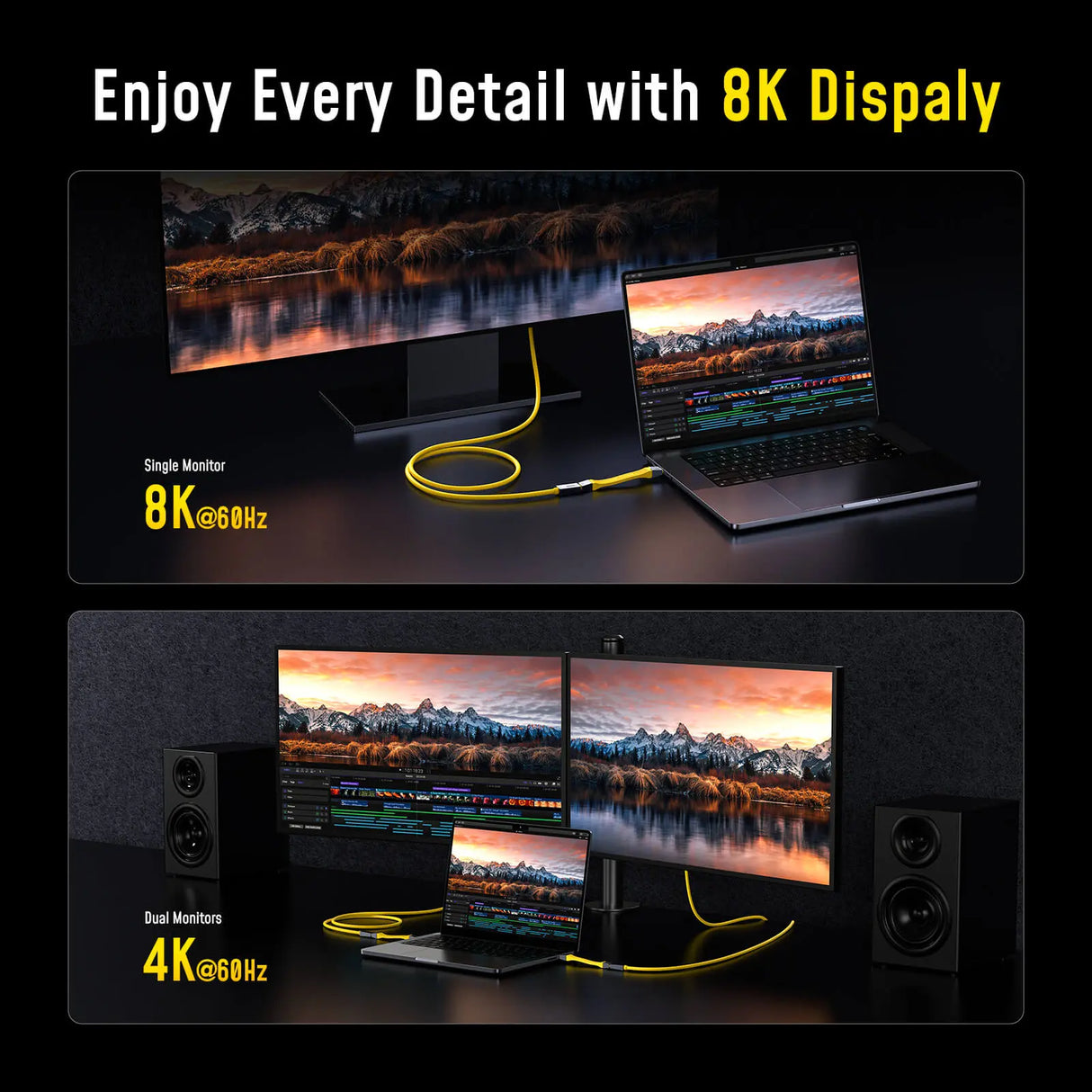 Ein Laptop ist über ein gelbes Kabel mit einem einzelnen 8K-Monitor verbunden und dann mit zwei 4K-Monitoren
