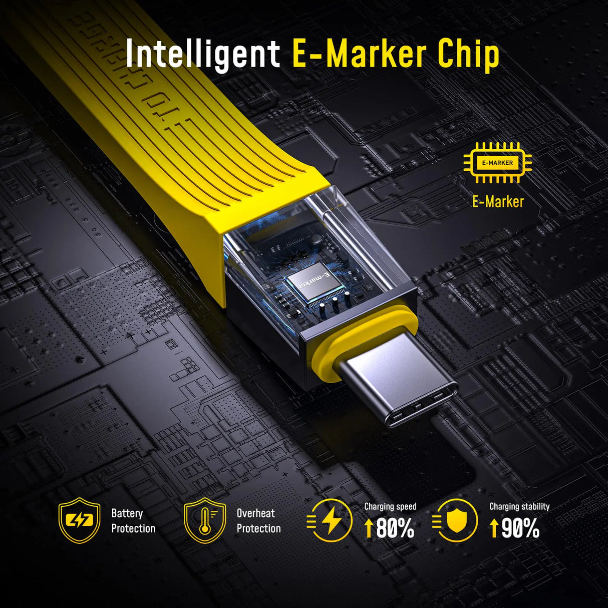 Gelbes USB-C-Kabel mit intelligentem E-Marker-Chip und Schutzfunktionen