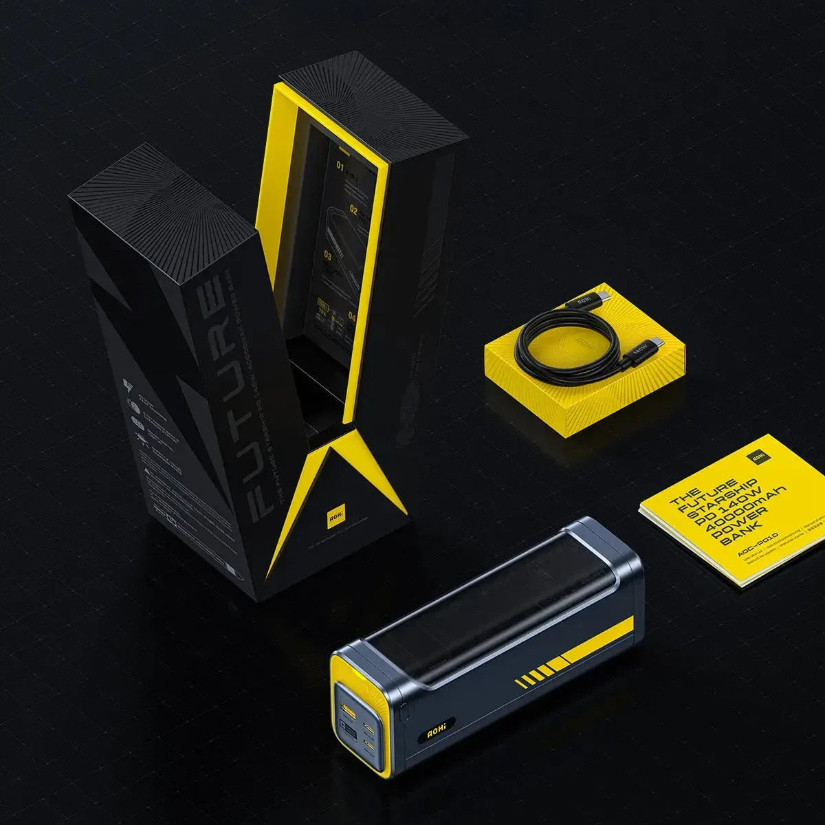 Powerbank, Kabel und Verpackung in Schwarz und Gelb