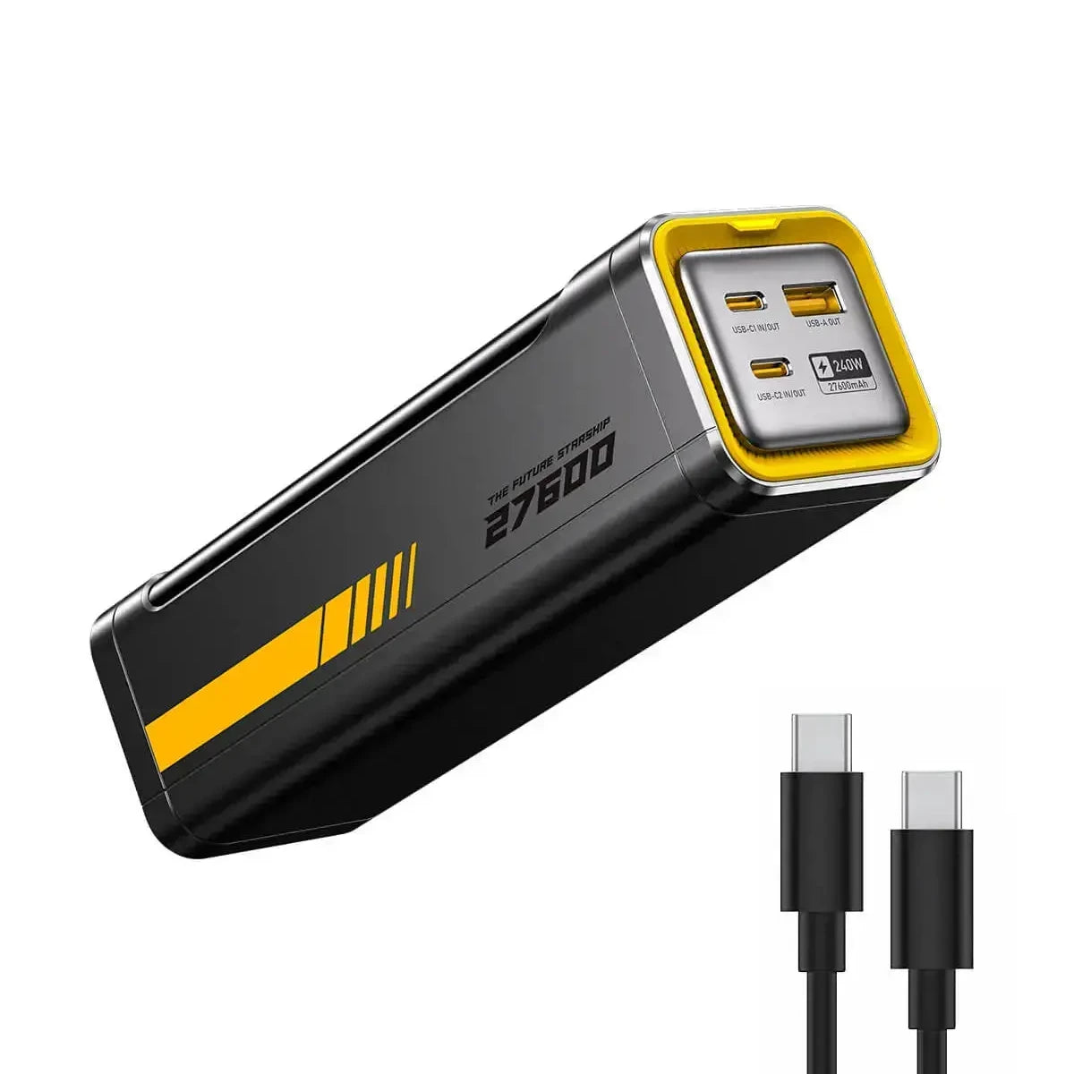 Schwarze Powerbank mit gelben Akzenten und zwei USB-C-Kabeln