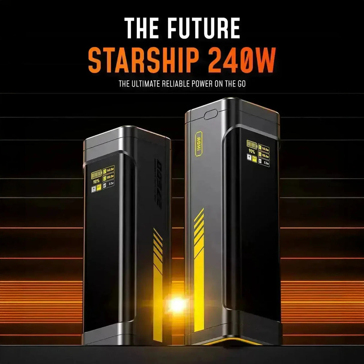 Zwei schwarze Starship 240W Powerbanks mit gelben Akzenten und Bildschirmen