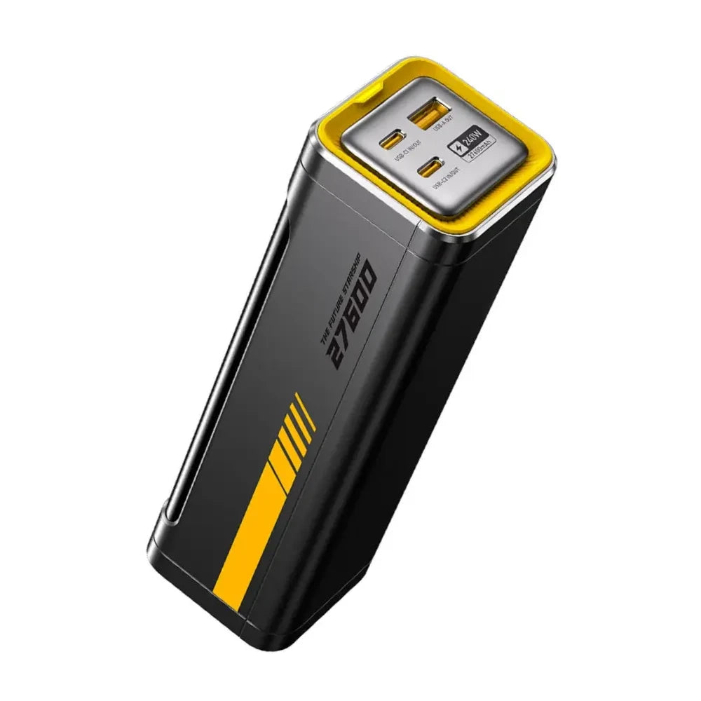 Schwarze Powerbank mit gelben Akzenten und 27600 mAh Kapazität