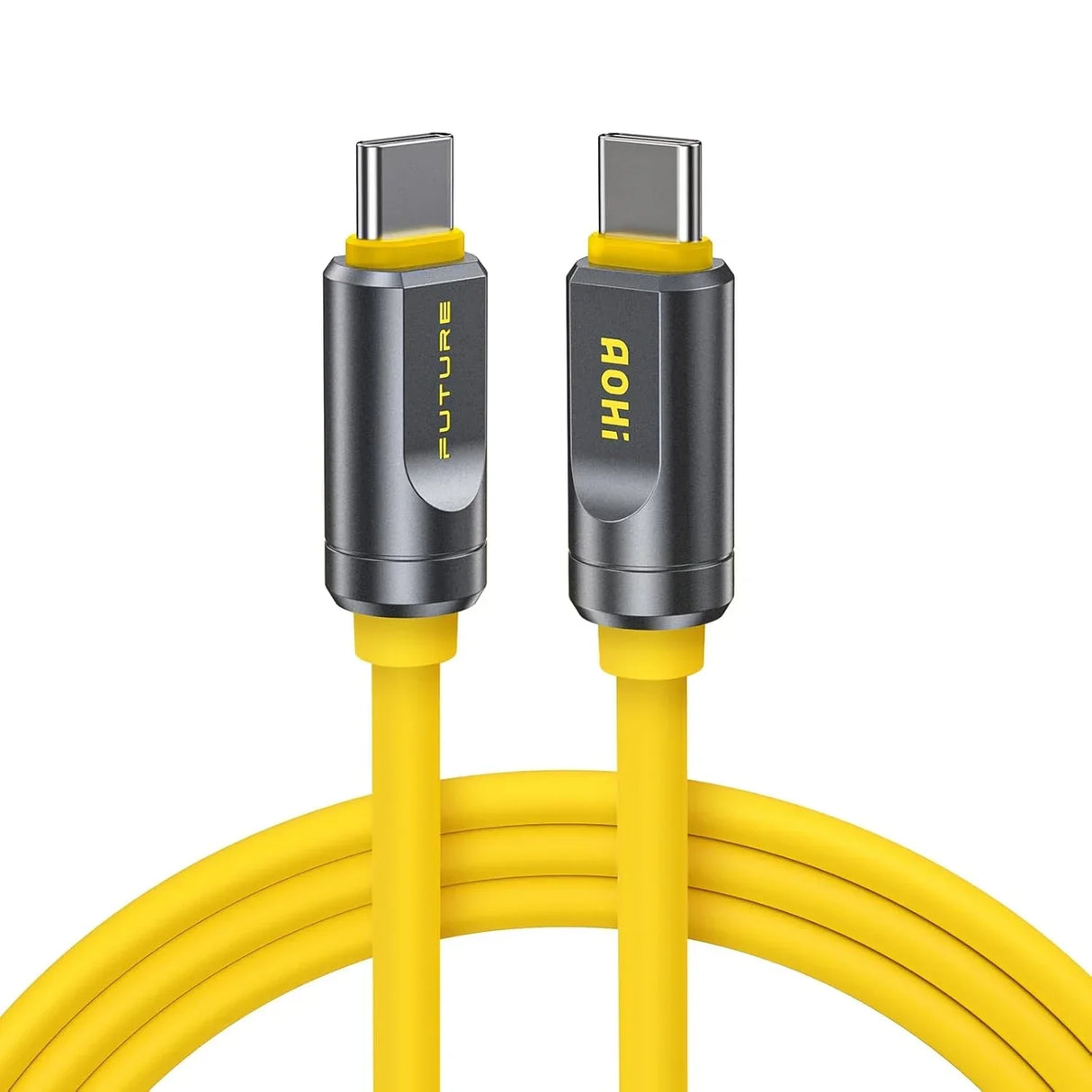 Gelbes USB-C-Kabel mit grauen Anschlüssen und gelben Akzenten