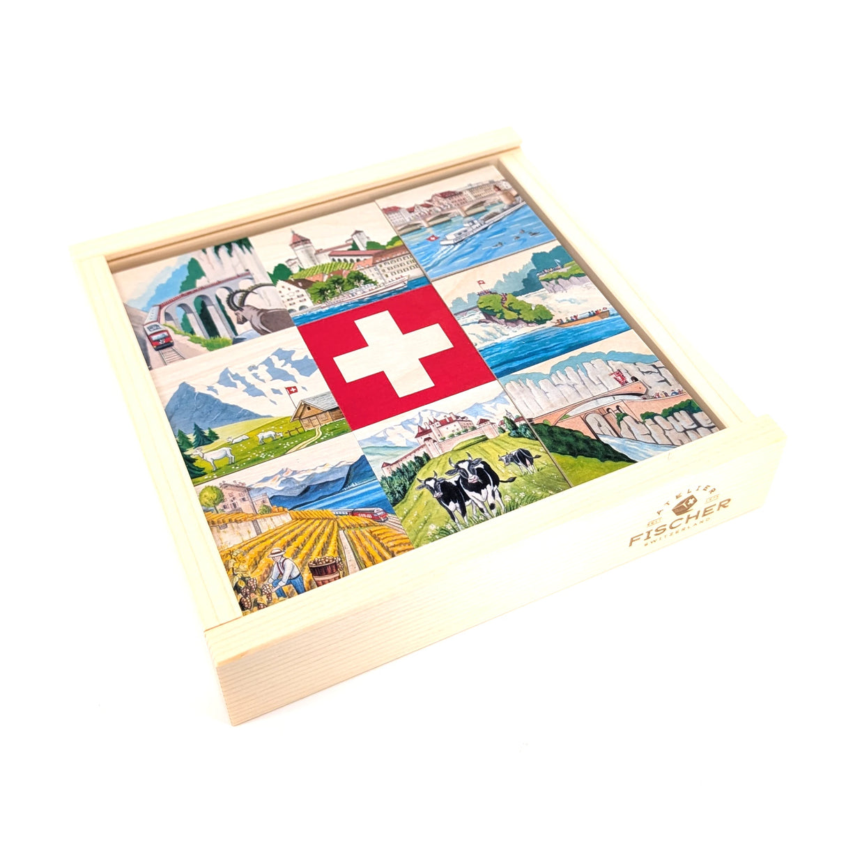 Holzpuzzle mit Schweizer Flagge und neun Bildern von Schweizer Landschaften