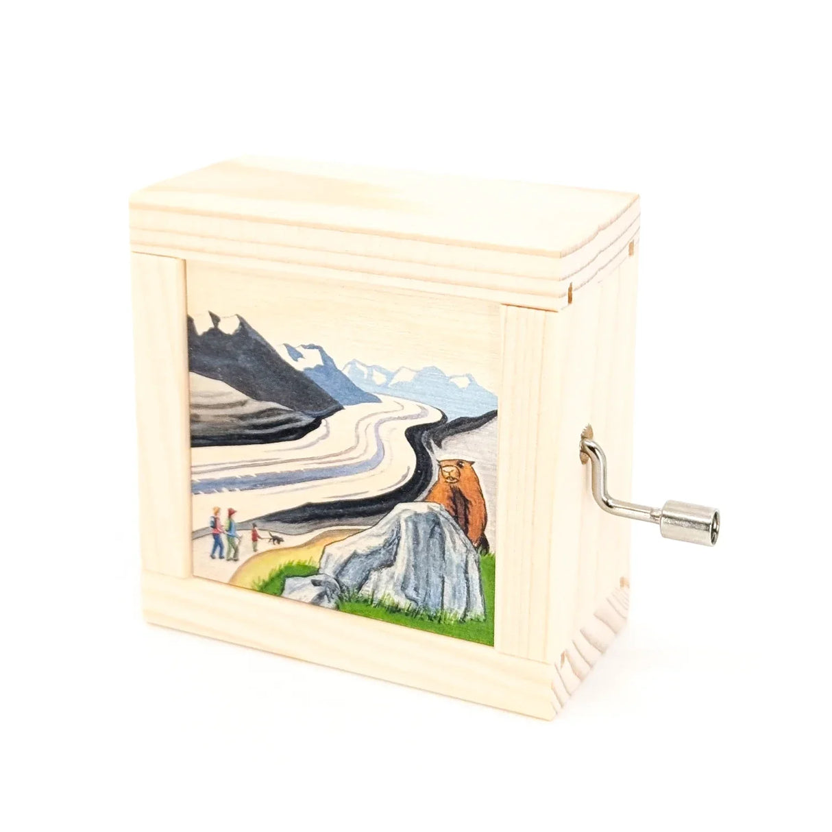 Spieluhr aus Holz mit Kurbel und einem Bild von Bergen, einem Fluss, Menschen und einem Bären