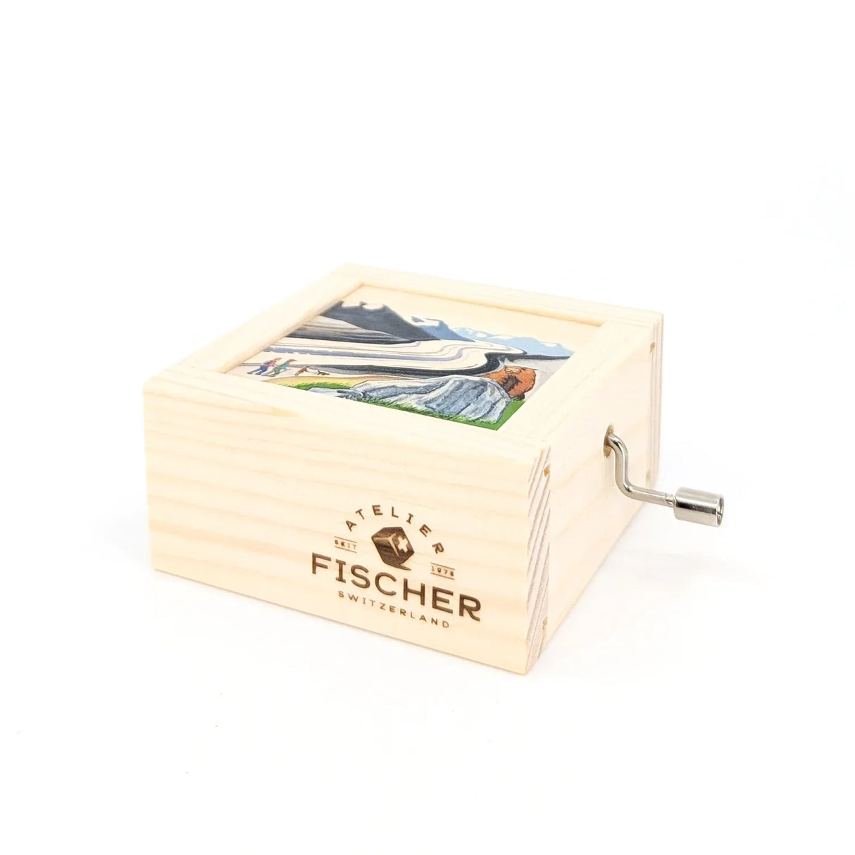 Holzspieldose mit Kurbel und Berglandschaftsbild auf dem Deckel