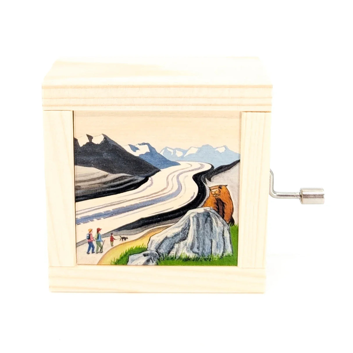 Holzspieldose mit gemalter Berglandschaft, Gletscher, Wanderern und Murmeltier