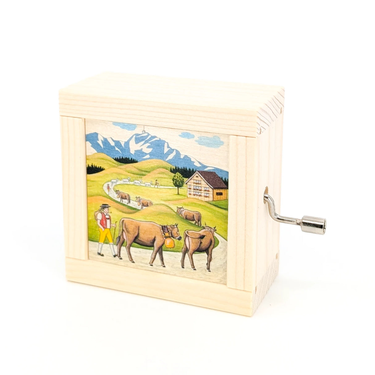 Spieluhr aus Holz mit handbemalter Berglandschaft und Kühen