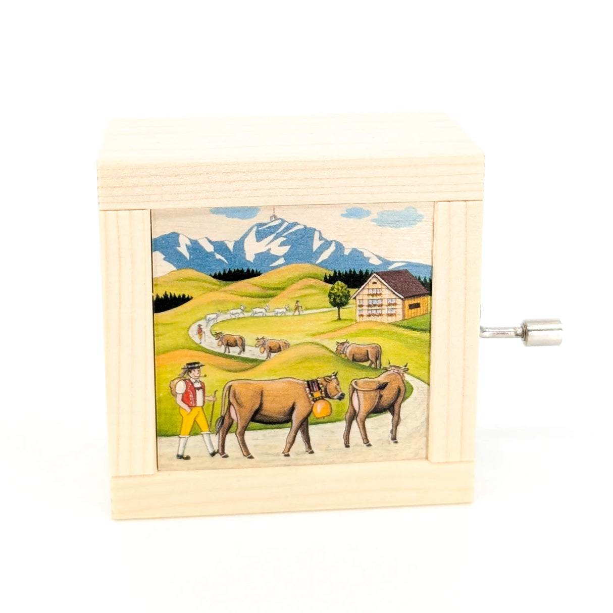 Holzspieldose mit bemalter Szene von einem Sennen mit Kühen vor einer Berglandschaft