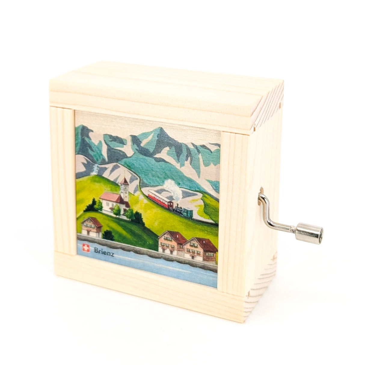 Holzspieldose mit Brienz-Motiv, Kirche, Häusern, See und Zug vor Bergen