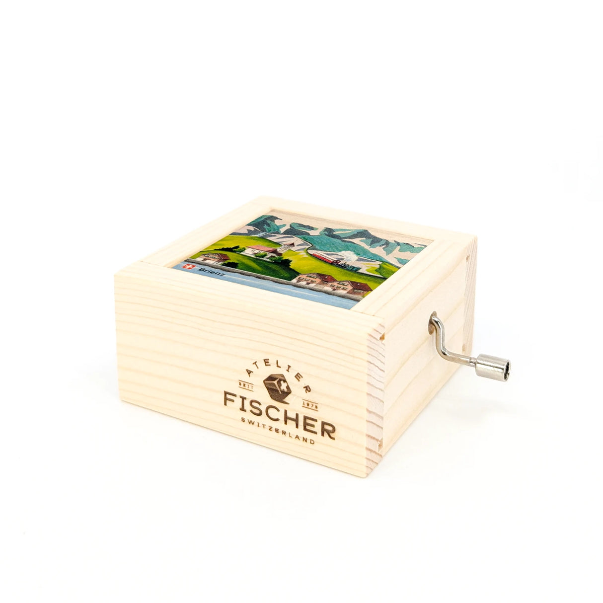 Holzspieldose mit Brienz-Motiv und Kurbel