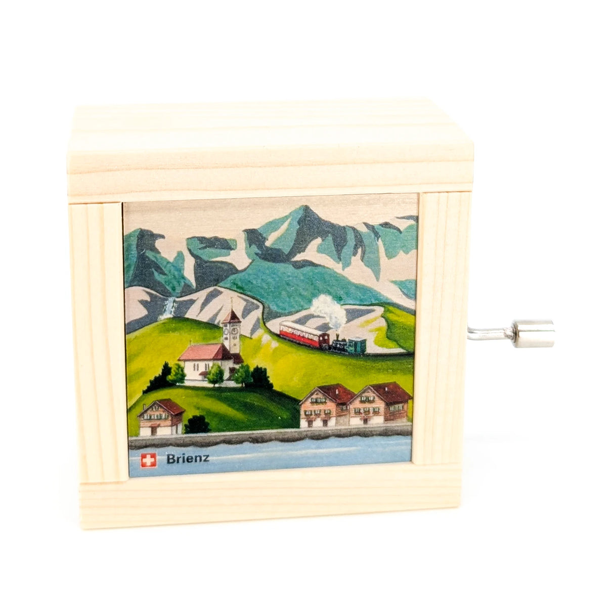 Holzspieldose mit Brienz-Motiv, Kirche, Häusern, Zug und Bergen