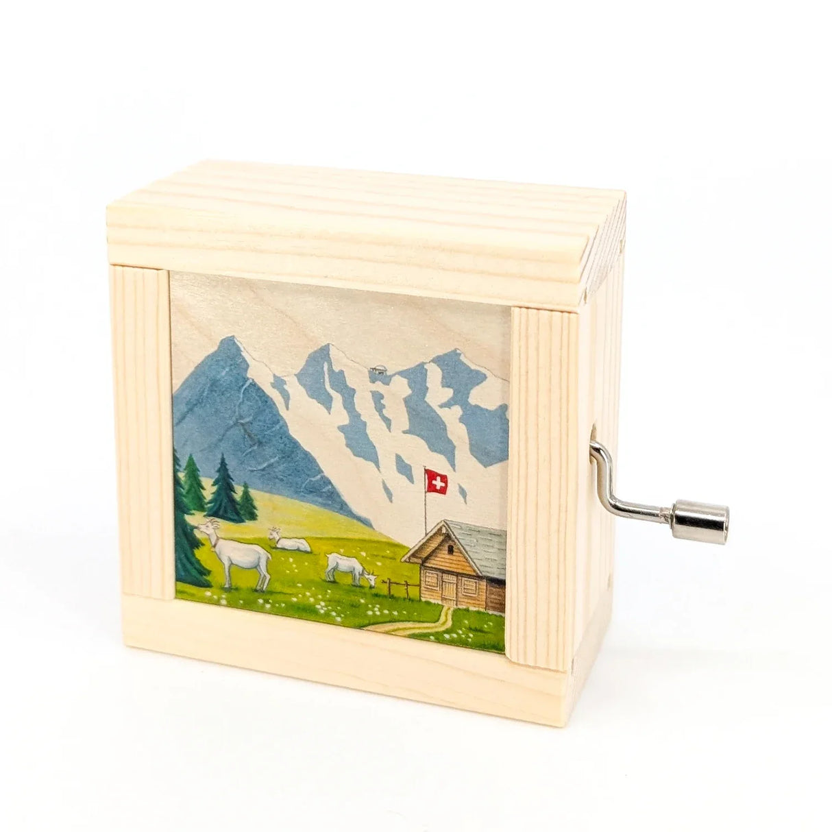 Spieluhr aus Holz mit Schweizer Berglandschaft und Ziegenmotiv