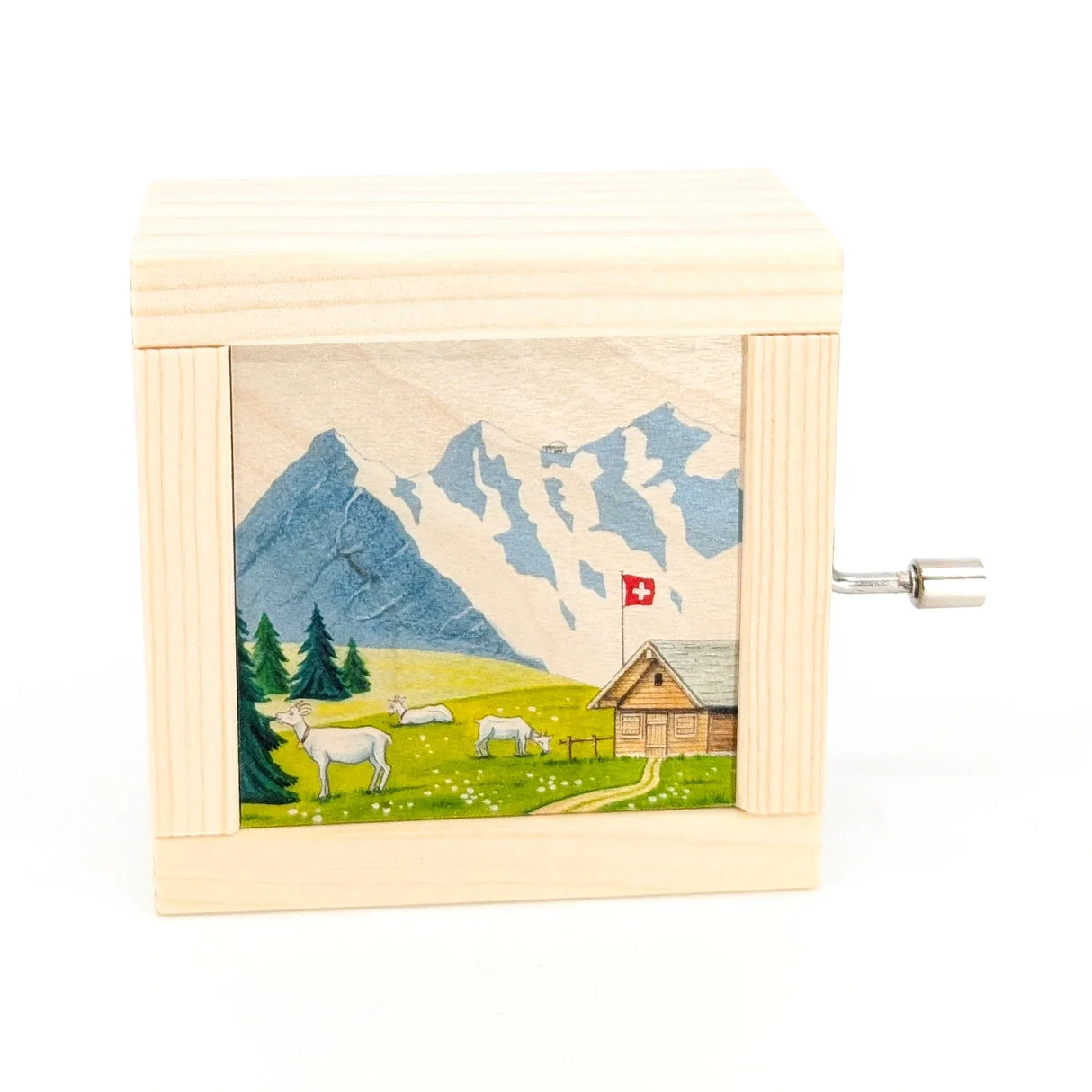 Spieluhr aus Holz mit Berglandschaft Ziegen und Schweizer Fahne